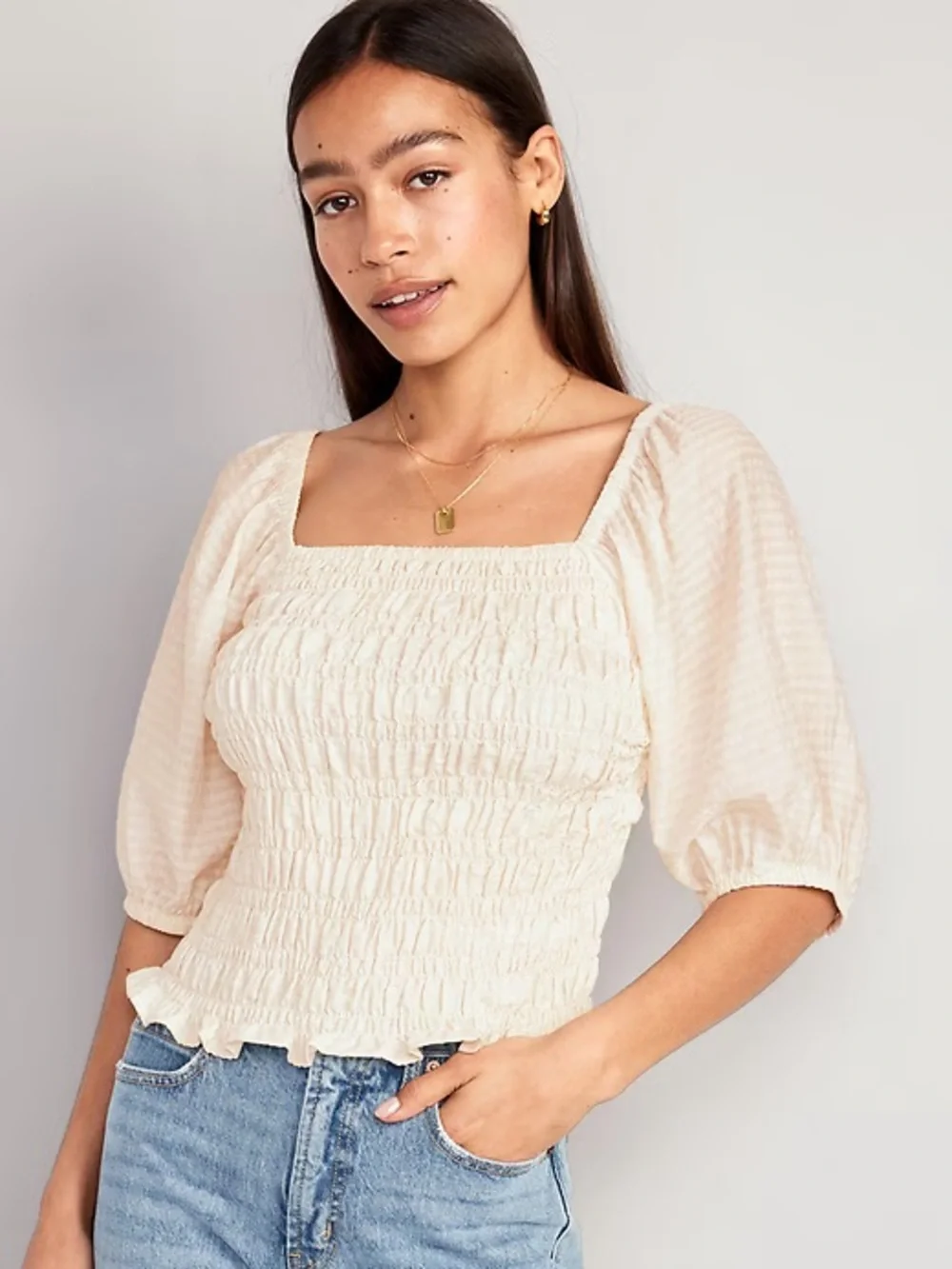 Old Navy XL Cream Smocked Puff Sleeve Square Neck Blouse Top Ivory Women Creme